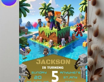 Editierbare Pixel-Block-Geburtstagseinladung | Crafter Jungen Party Vorlage | Minecraft-Stil einladen | Druckbare Digitale Karten | Minecraft-Theme