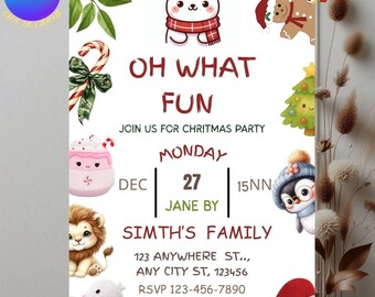 Weihnachten Einladungskarte, niedlichen Tier Urlaub Party druckbare, Weißer Bär & Baby Löwe Weihnachtskarte, digitale Party-Einladung