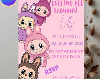 Labubu Geburtstagseinladung Vorlage | Bearbeitbare Cartoon Partyeinladung (Digitaler Download)