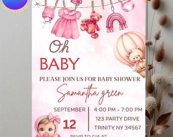 Blumen-Babyparty-Einladung, kokette rosa Schleife, bearbeitbare Canva-Vorlage (Digitaler Download)