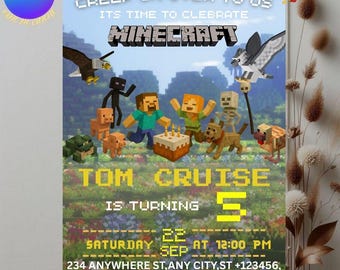 Bearbeitbare Trending Geburtstagsfeiereinladung | Gamer Geburtstag Canva Vorlage | Druckbare digitale Einladung | Minecraft-Theme