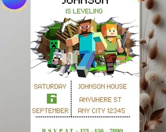 Editierbare Pixel-Party-Einladung | Gamer-Geburtstagsvorlage | Kinderspiel einladen | Druckbare Digitale Pixel Karte | Minecraft-Theme