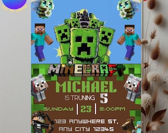 Minecraft Gamer Birthday Invitation | Boys Video Game Party Invite, Editable Canva Template, Instant Download | Minecraft Theme