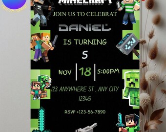 Bearbeitbare Minecraft-Geburtstagseinladung | Gamer Party Kinder einladen | Minecraft Karte | Canva Vorlage Download | Minecraft-Theme
