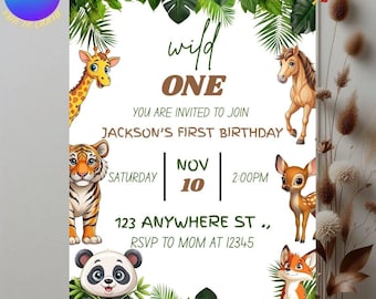Safari 1. Geburtstag Evite | Wild One Dschungeltiere (Digitale Karte)