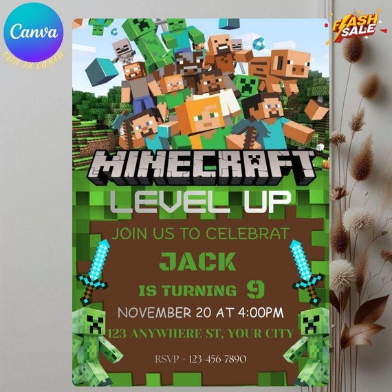 Editable Gamer Birthday Invitation | Pixel Block Party Template | Kids Gaming Invite | Printable Birthday Cards Design | Minecraft Theme