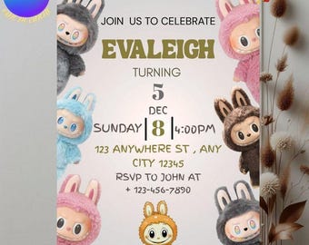 Labubu Party einladen bearbeitbare Geburtstagseinladung | Labubu Geburtstagseinladungskarte Rosa Pastell Schleife Canva | Labubu-Thema