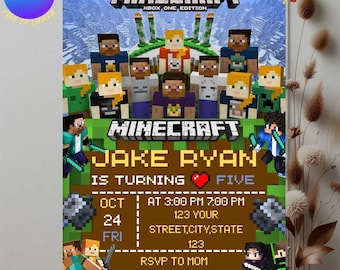 Bearbeitbare Gamer-Geburtstagseinladung | Pixel-Block-Party-Vorlage | Kinder Gaming Thema einladen | Junge Geburtstagskarte | Gaming-Motiv