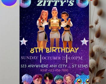 Kpop Dämonenjäger Einladungskarte zum Geburtstag | Huntrix Party einladen | Bearbeitbare Canva Vorlage | Druckbare digitale Karte | Kpop Theme