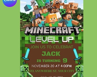 Minecraft Birthday Invitation, Canva Editable Template, Digital Download, Minecraft Birthday Invitation Card, Gamer Party Invite