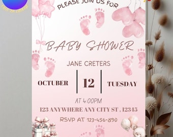 Floral Baby Party Einladung Vorlage | Rosa Schleife, Frühling Karte (Canva Template)