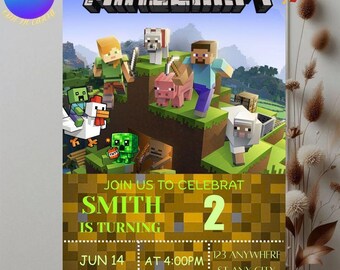Minecraft Geburtstagseinladung Vorlage | Editierbare Pixel Gamer Party Karte | Druckbares Kinder Spiel Thema Einladen |