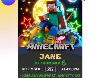 Gamer Pixel Geburtstagseinladungsvorlage, Minecraft Geburtstagseinladungskarte, bearbeitbare Canva Gamer Party einladen, Sofort Download