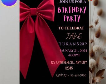 Kokette Schleife Geburtstagseinladung | Elegantes Teenager-Mädchen einladen (bearbeitbare Canva-Vorlage für digitalen Download)