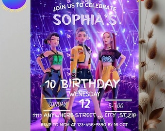 Neon K-Pop Geburtstagseinladung | Mädchen Party, Canva Template (Digital)