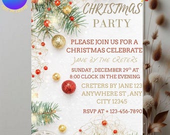 Elegante Weihnachtsfeier-Einladungs-Vorlage | Schleife im Grünen (Canva)