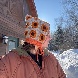 Hand Knit Pixie Bonnet Hat - Forest Fairy Green - Pointed Winter Hat - Bow Tie Balaclava - Adult - Hood - Crochet Granny Squares - Sunflower
