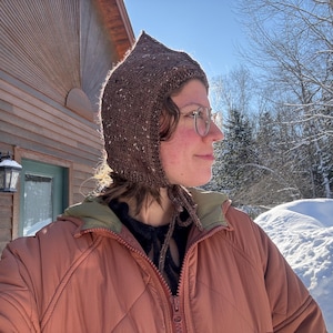 May include: A brown knit hood with a pointed top and ties, worn outdoors. The hood is speckled with lighter flecks. The person is wearing a rust-colored jacket and glasses. The background includes a snow-covered landscape and a wooden building.