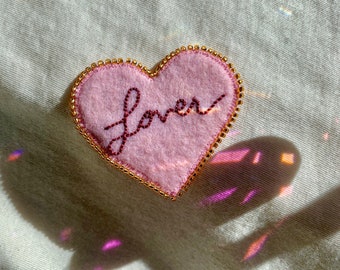Hand Embroidered Felt Patch - Pin - Keychain - Bag Charm - Pink -  Lover - Heart