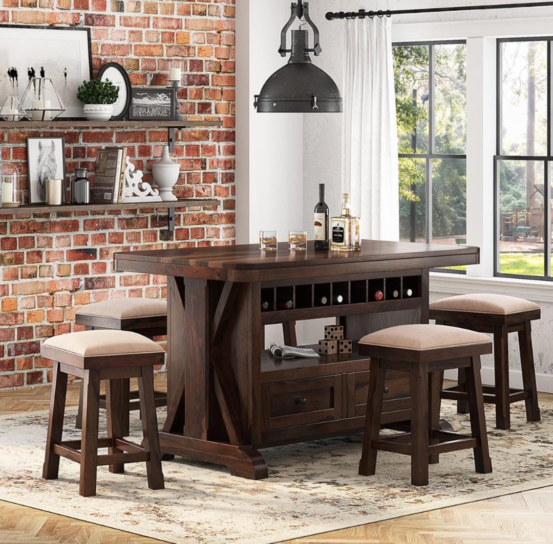 Espresso Solid Wood Bar Table Set: Rustic Kitchen Island With Wine Rack ...