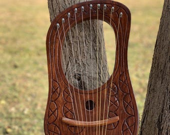 Keltisk lyraharpa i rosenträ, 10 strängar, trälyraharpa med strängset, stämnyckel och väska