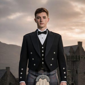 Puede incluir: Una chaqueta formal negra con botones plateados, un chaleco a juego y una pajarita. El atuendo incluye un kilt escocés tradicional con un patrón de cuadros grises y azules, y un sporran decorativo. El fondo presenta un castillo y un cielo nublado.