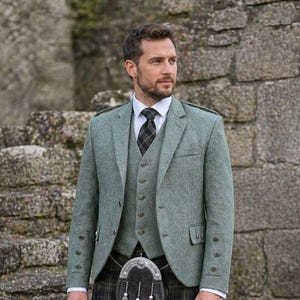 Chaqueta escocesa para hombre, color verde Lovat, con chaleco de 5 botones, estilo Highland Wedding Kilt.