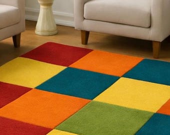 Modern Checkered Area Rug – Hand Tufted Wool Carpet for Living Room