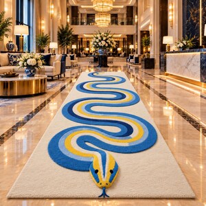 Puede incluir: Una alfombra rectangular larga que presenta un gran diseño de serpiente estilizada en tonos azul, azul claro y amarillo sobre un fondo color crema. El cuerpo de la serpiente se enrosca en un patrón sinuoso a lo largo de la alfombra.