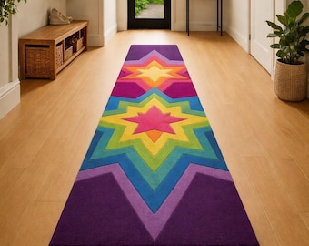 Rainbow Star Runner Rug, Colorful Hallway Carpet, Handmade Tufted Runner
