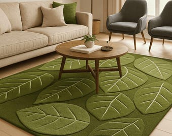 Hand-Tufted Wool Blend Area Rug, 3D Botanical Leaf Design, Modern Botanical Home Décor