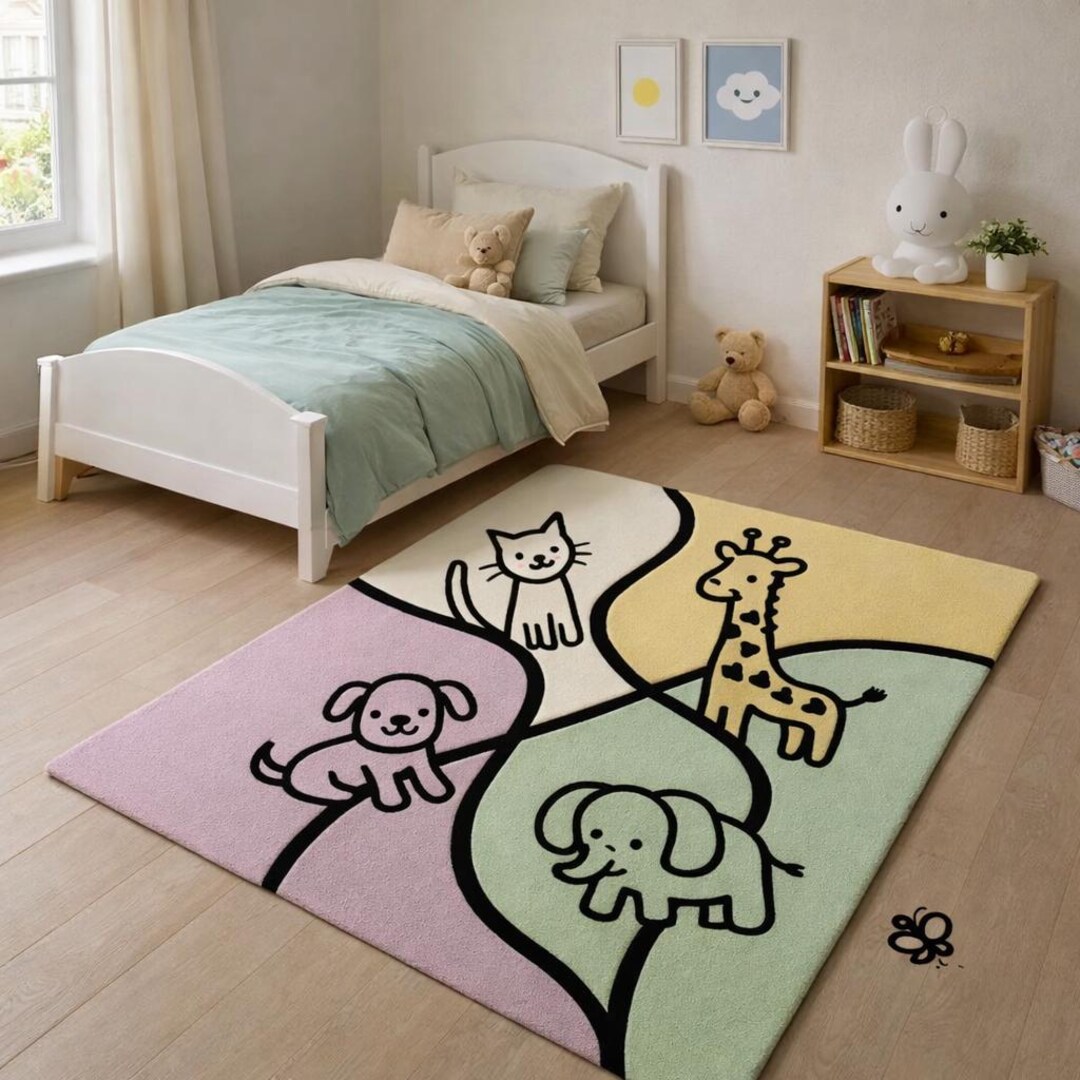 Kids Animal Doodle Rug, Soft Pastel Nursery Carpet - Etsy