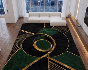 Tappeto di lusso astratto nero, verde e oro, trapuntato, moderno, fatto a mano, tappeto in lana personalizzato, tappeto geometrico per soggiorno, arredamento di lusso per la casa.