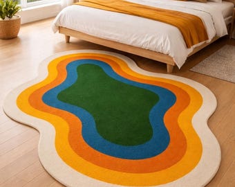Handmade wool Rugs Abstract Area Rug – Colorful Organic Shape Tufted Carpet, Bedroom Floor Decor,