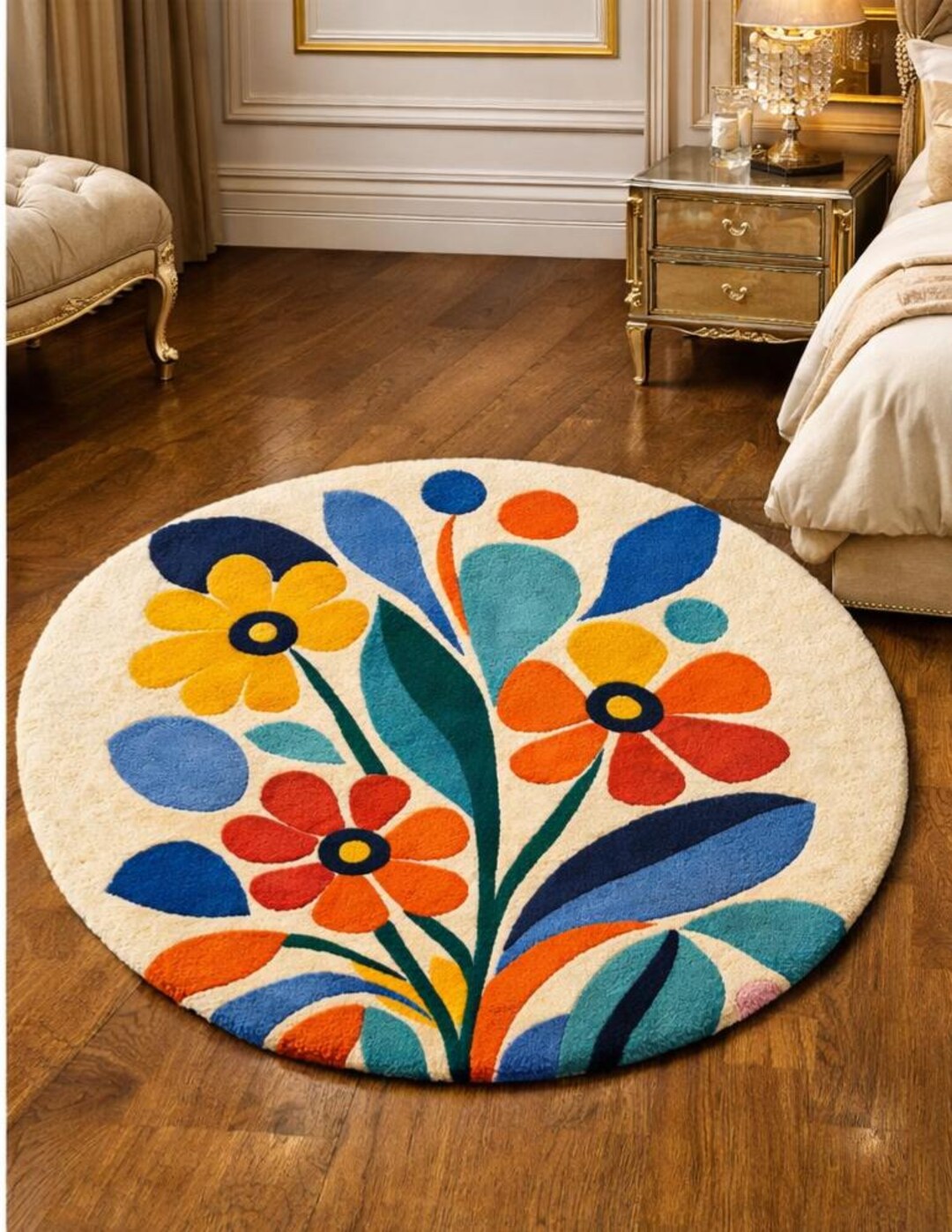 Colorful Floral Round Rug – Hand Tufted Wool Area Rug, Modern Flower ...