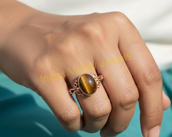 Brown Tiger Eye Stone Ring 925 Sterling Silver Rose Gold Plated Handmade Statement Jewelry