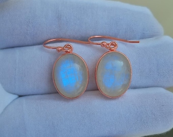 Blue Moonstone 925 Sterling Silver Rose Gold Plated Handmade Dangling Earrings  Gift Jewelry