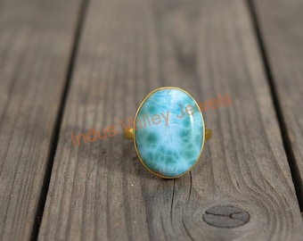 Blue Larimar 925 Sterling Silver Yellow Gold Plated Boho Ring Handmade Statement Gift Jewelry
