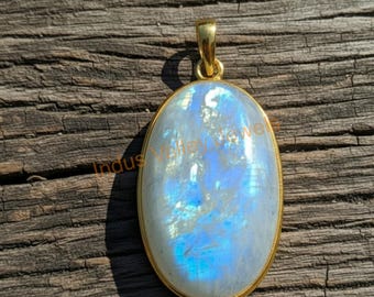 Extra Large Oval Blue Moonstone Pendant 925 Sterling Silver Yellow Gold Plated Handmade Jewelry