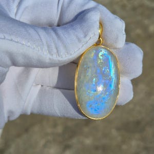 Extra Large Blue Moonstone 925 Sterling Silver Yellow Gold Plated Pendant  Handmade Statement Jewelry