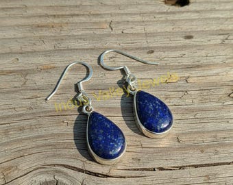 Lapis Lazuli Blue Stone Earrings 925 Sterling Silver Handmade Dangle Earrings  Gift Jewelry