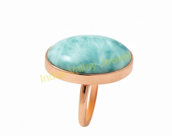Natural Blue Larimar Gemstone Ring 925 Sterling Silver Rose Gold Plated Ring Handmade Statement Rings Birthday Jewelry Gift For Wife Mom