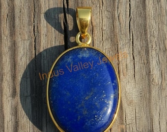 天然ブルーラピスラズリ宝石ペンダント 925スターリングシルバー イエローゴールドメッキ ハンドメイドステートメントペンダント ラピスラズリ ギフトジュエリー 女性用
