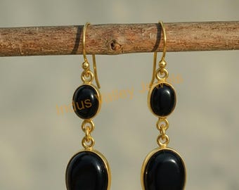 Natural Black Onyx Gemstone Earrings 925 Sterling Silver Yellow Gold Plated Handmade Long Dangle Earrings Black Stone Earrings Gift Jewelry