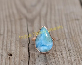 Anillo de larimar azul natural, plata de ley 925, chapado en oro rosa, joyería hecha a mano.