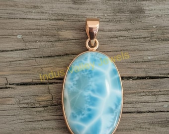 Blauwe Larimar-steen 925 sterlingzilveren rosévergulde hanger Handgemaakte statement-sieraden
