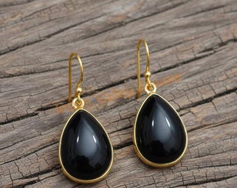Boucles d'oreilles pendantes faites main en argent sterling 925 avec onyx noir plaqué or jaune