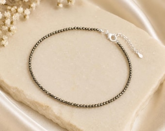 Tobillera de pirita original tallada facetada, chapada en plata, con cadena ajustable. Joyería para el pie.