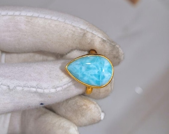 Blue Larimar 925 Sterling Silver Yellow Gold Plated Boho Ring Handmade Birthday Gift for Wife