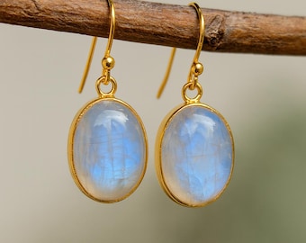 Natural Blue Moonstone 925 Sterling Silver Yellow Gold Plated Handmade Dangle Earrings Jewelry
